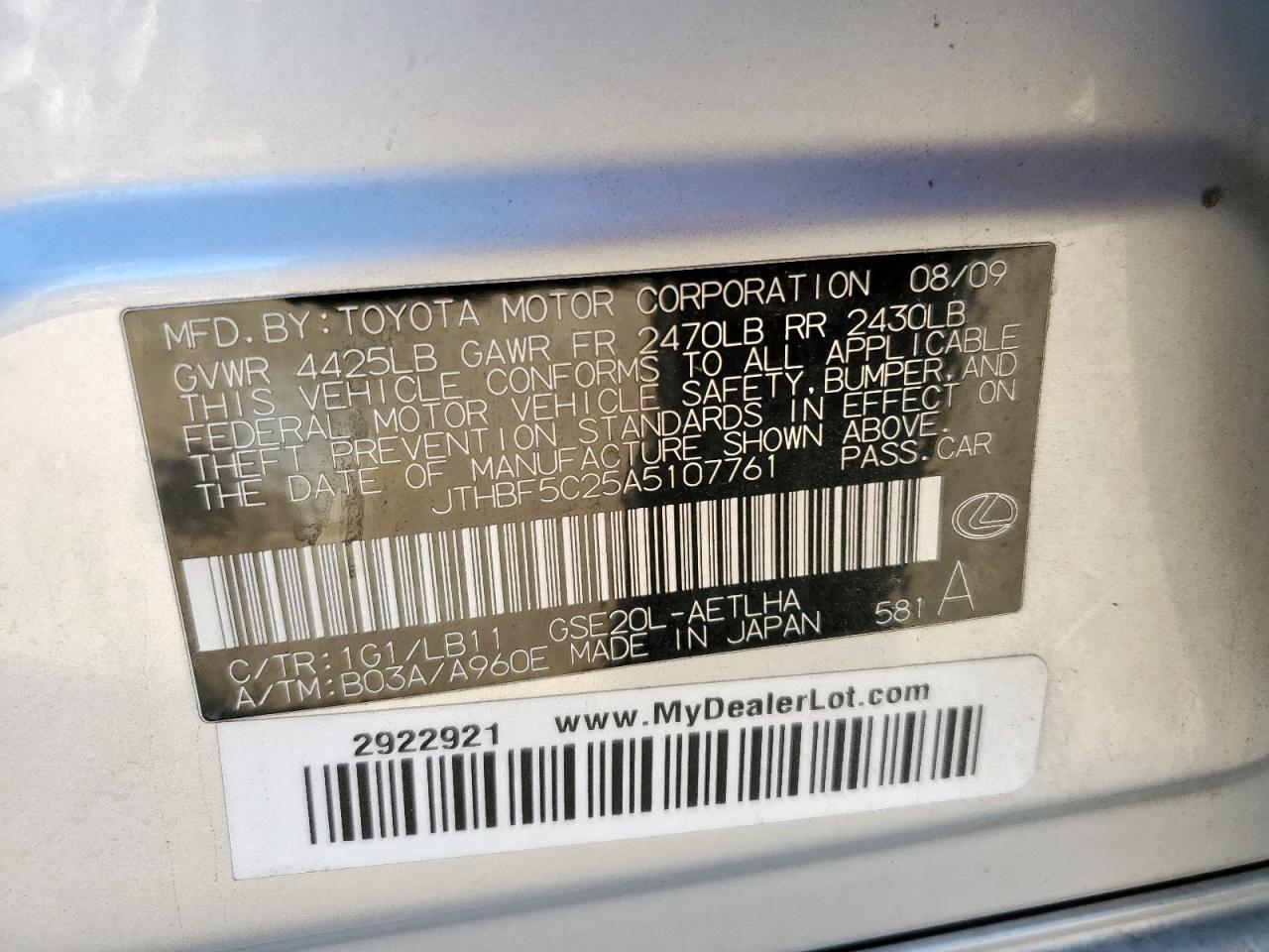 2010 Lexus Is 250 VIN: JTHBF5C25A5107761 Lot: 90046065