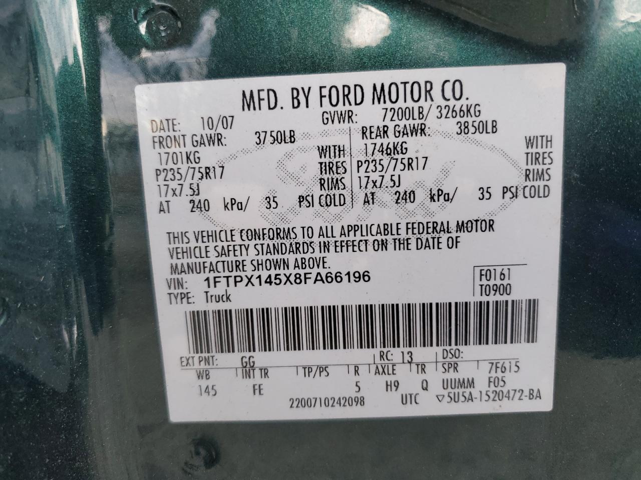 2008 Ford F150 VIN: 1FTPX145X8FA66196 Lot: 90995515