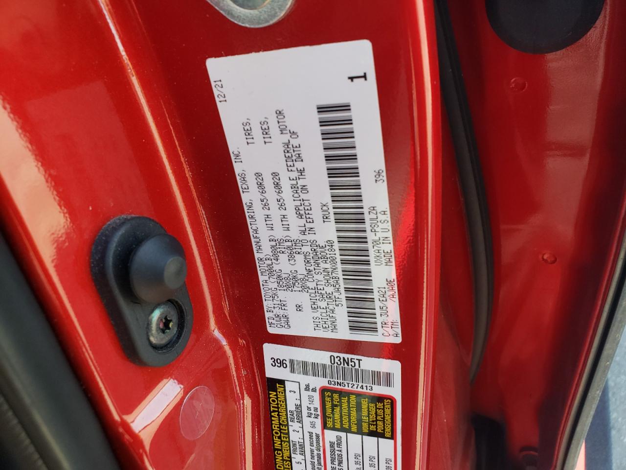 2022 Toyota Tundra Crewmax Limited VIN: 5TFJA5AB7NX001840 Lot: 87060725