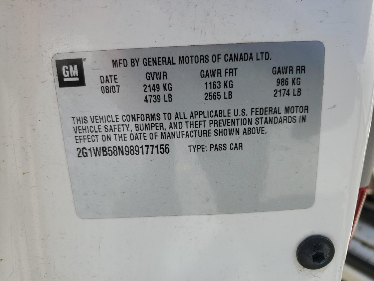 2008 Chevrolet Impala Ls VIN: 2G1WB58N989177156 Lot: 84935765