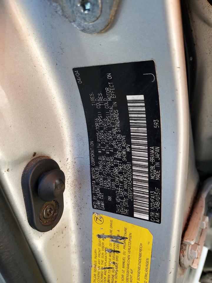 2004 Toyota Highlander VIN: JTEEP21A540050981 Lot: 87270165