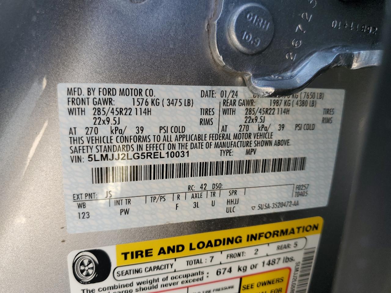 2024 Lincoln Navigator Reserve VIN: 5LMJJ2LG5REL10031 Lot: 85140855