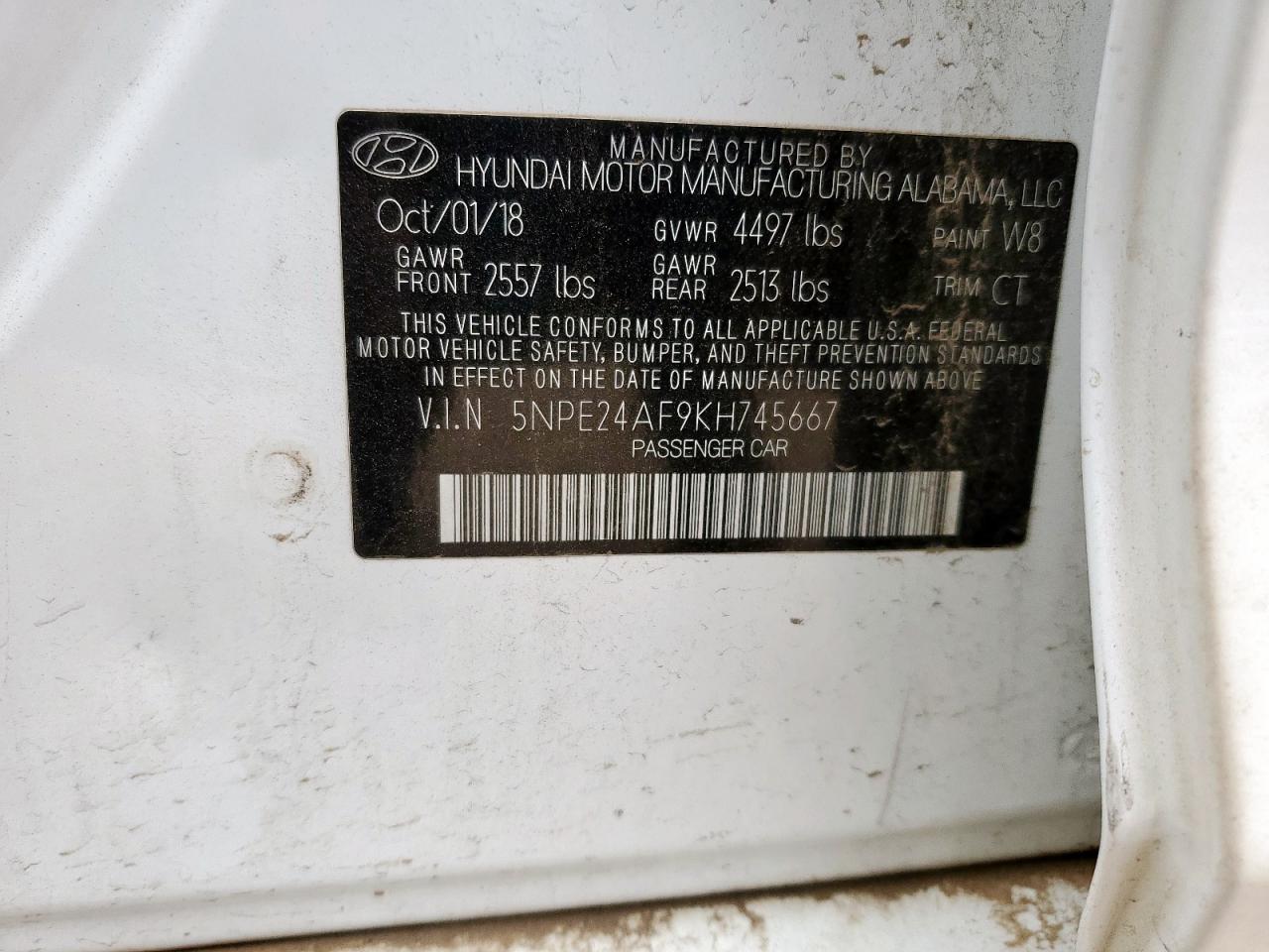 2019 Hyundai Sonata Se VIN: 5NPE24AF9KH745667 Lot: 86087045