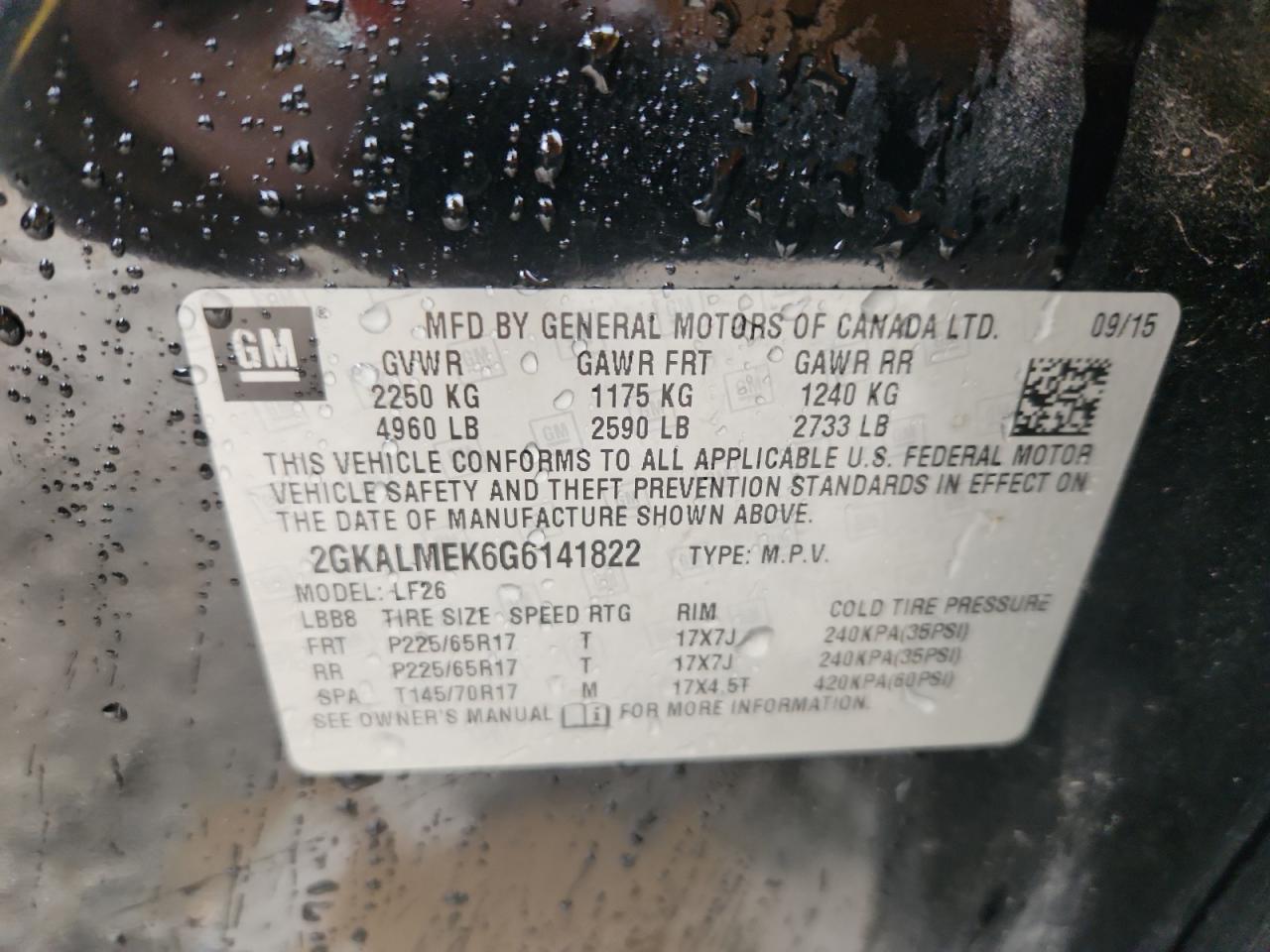 2016 GMC Terrain Sle VIN: 2GKALMEK6G6141822 Lot: 89441225