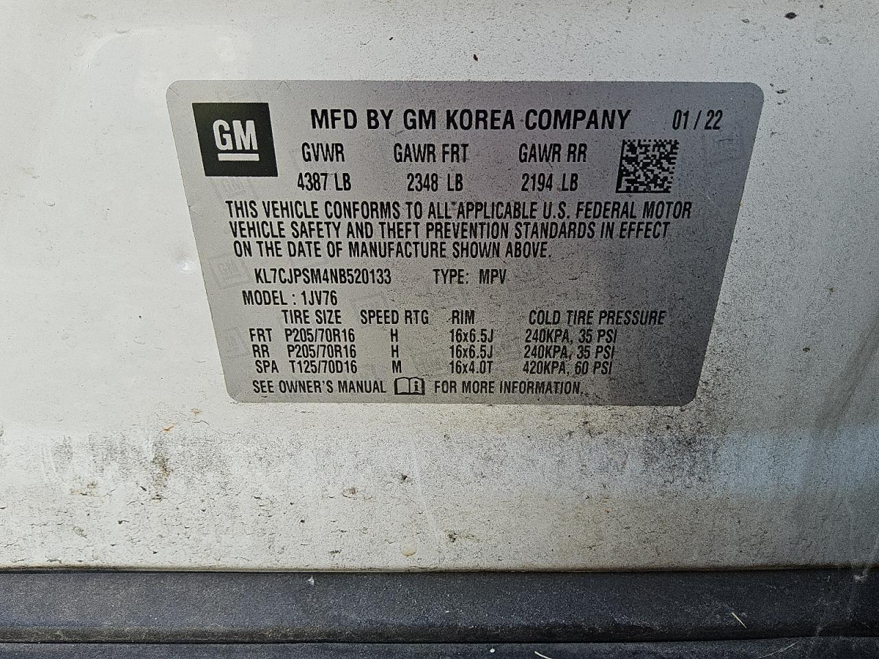 2022 Chevrolet Trax 1Lt VIN: KL7CJPSM4NB520133 Lot: 85488445