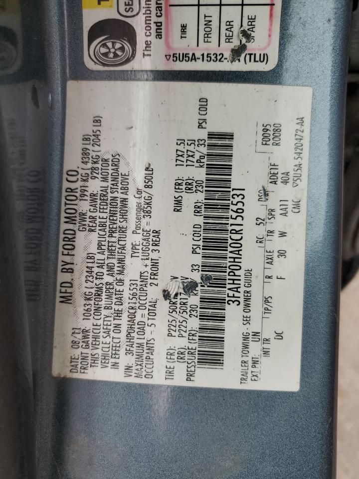 2012 Ford Fusion Se VIN: 3FAHP0HA0CR156531 Lot: 86473145