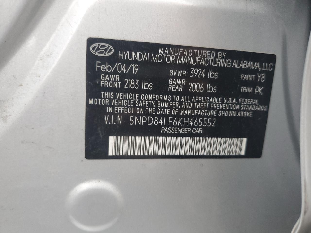 2019 Hyundai Elantra Sel VIN: 5NPD84LF6KH465552 Lot: 82418185