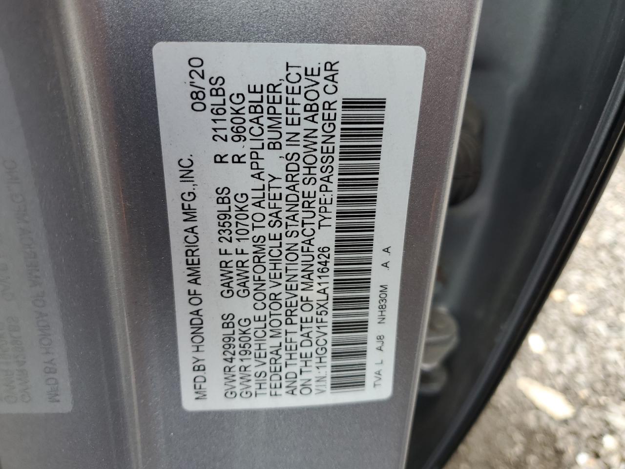 2020 Honda Accord Exl VIN: 1HGCV1F5XLA116426 Lot: 86307975