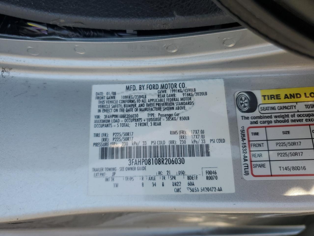 2008 Ford Fusion Sel VIN: 3FAHP08108R206030 Lot: 87185515