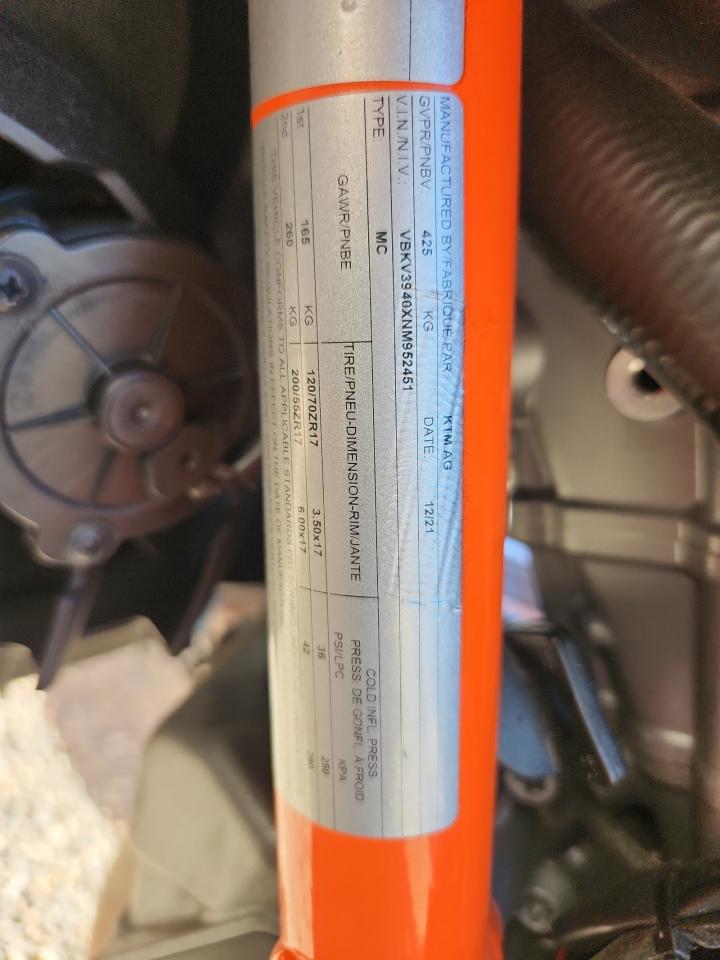 2022 Ktm 1290 Super Duke R VIN: VBKV3940XNM952451 Lot: 81876915