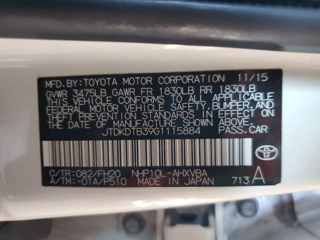 2016 Toyota Prius C VIN: JTDKDTB39G1115884 Lot: 85166115