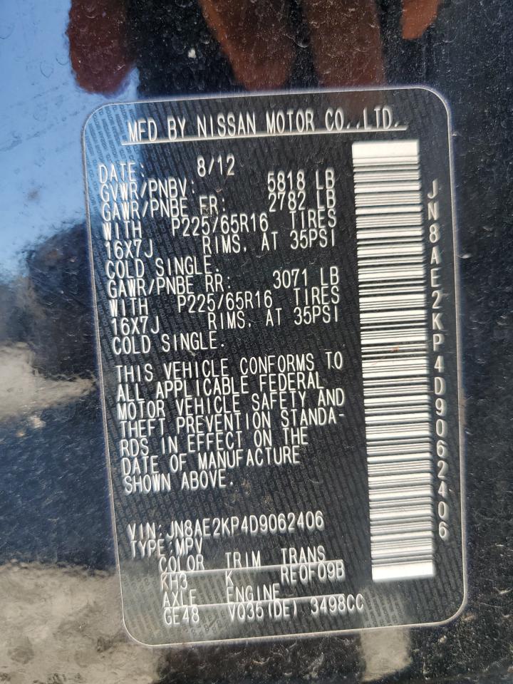 2013 Nissan Quest S VIN: JN8AE2KP4D9062406 Lot: 86762625