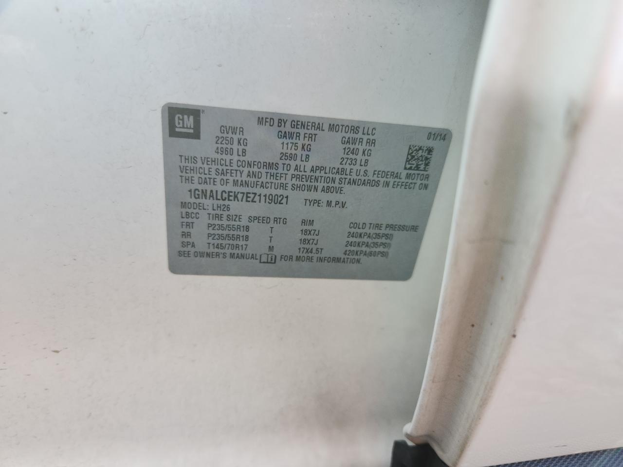 2014 Chevrolet Equinox Lt VIN: 1GNALCEK7EZ119021 Lot: 85286965