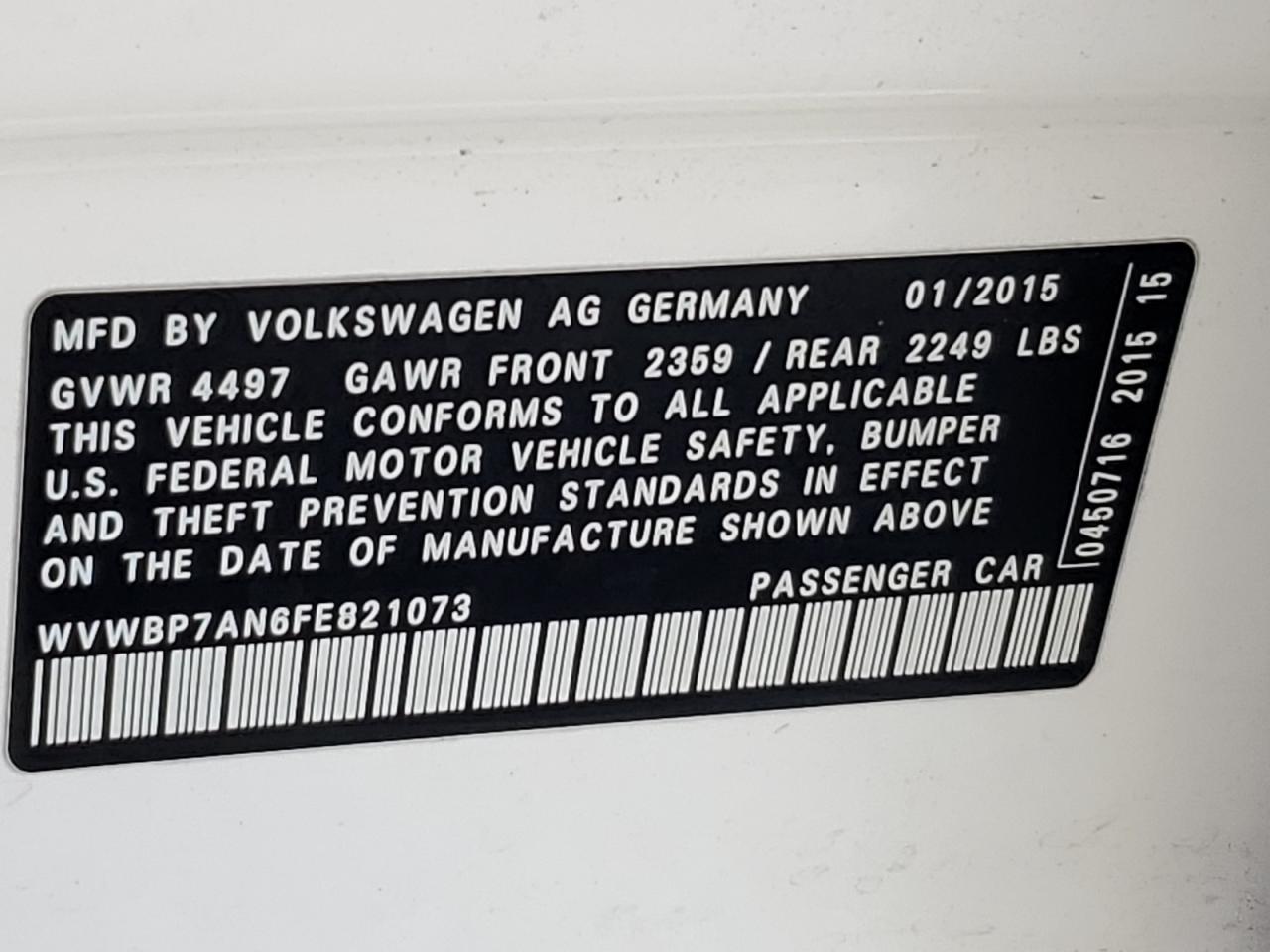 2015 Volkswagen Cc Sport VIN: WVWBP7AN6FE821073 Lot: 84074195