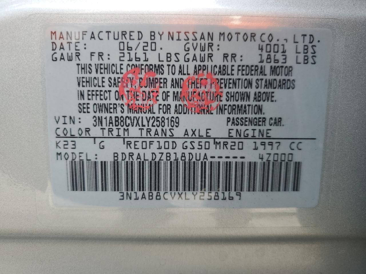 2020 Nissan Sentra Sv VIN: 3N1AB8CVXLY258169 Lot: 81976665