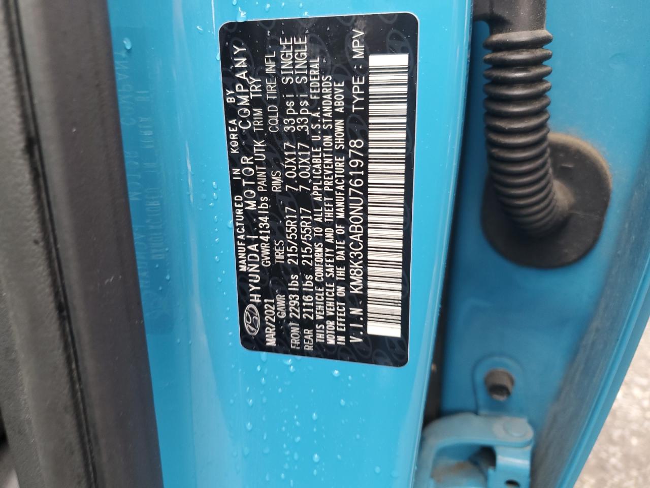 2022 Hyundai Kona Sel VIN: KM8K3CAB0NU761978 Lot: 82468725