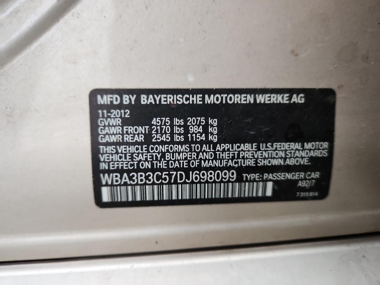 2013 BMW 328 Xi VIN: WBA3B3C57DJ698099 Lot: 84621485