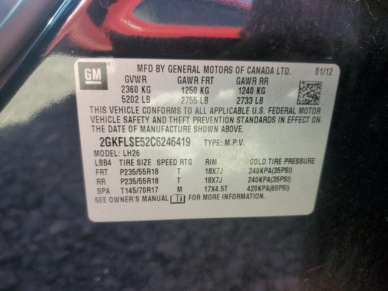 2012 GMC Terrain Sle VIN: 2GKFLSE52C6246419 Lot: 85076505