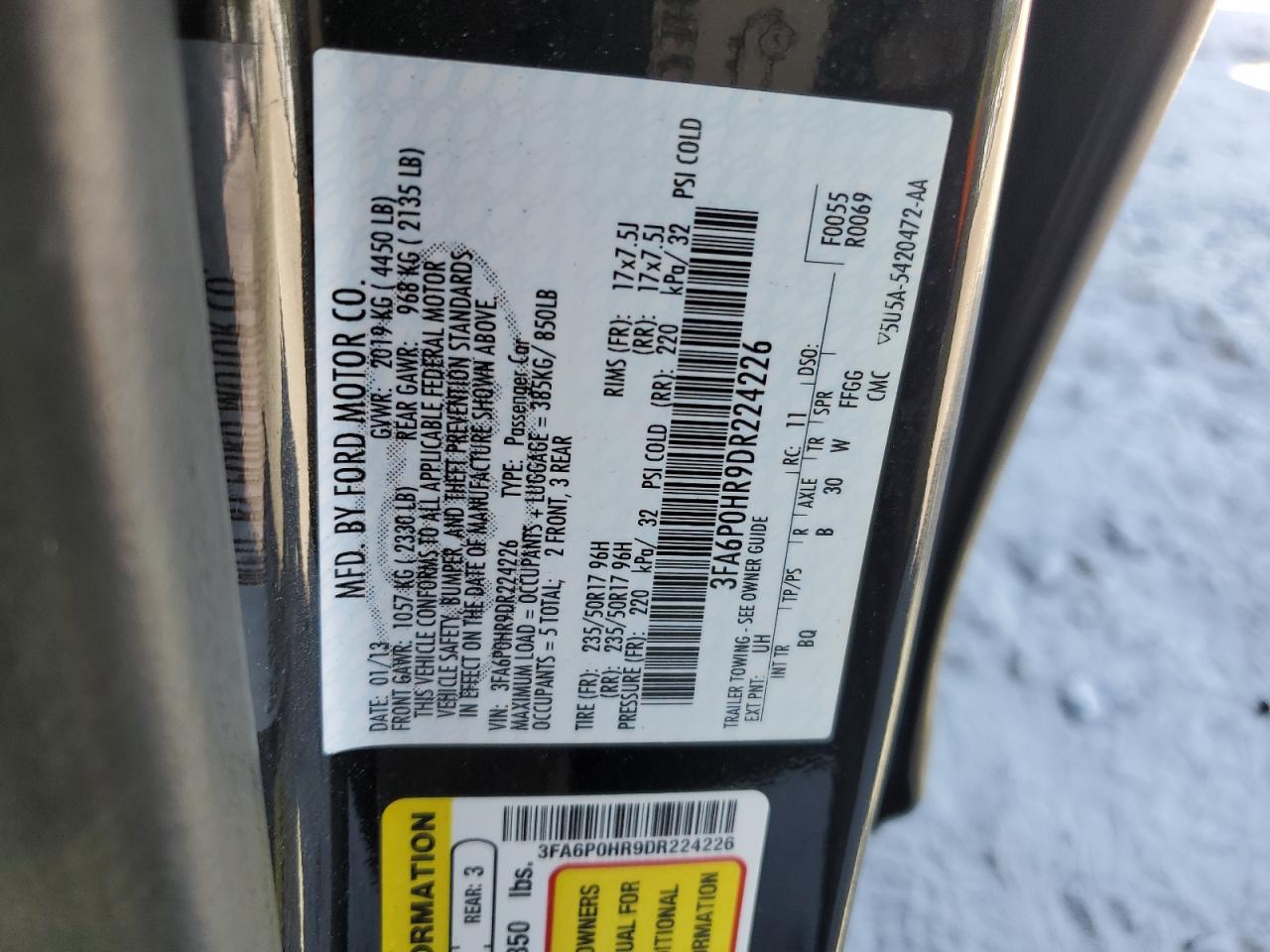 2013 Ford Fusion Se VIN: 3FA6P0HR9DR224226 Lot: 85184505