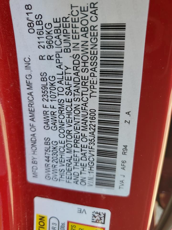 2018 Honda Accord Sport VIN: 1HGCV1F35JA221600 Lot: 86337405