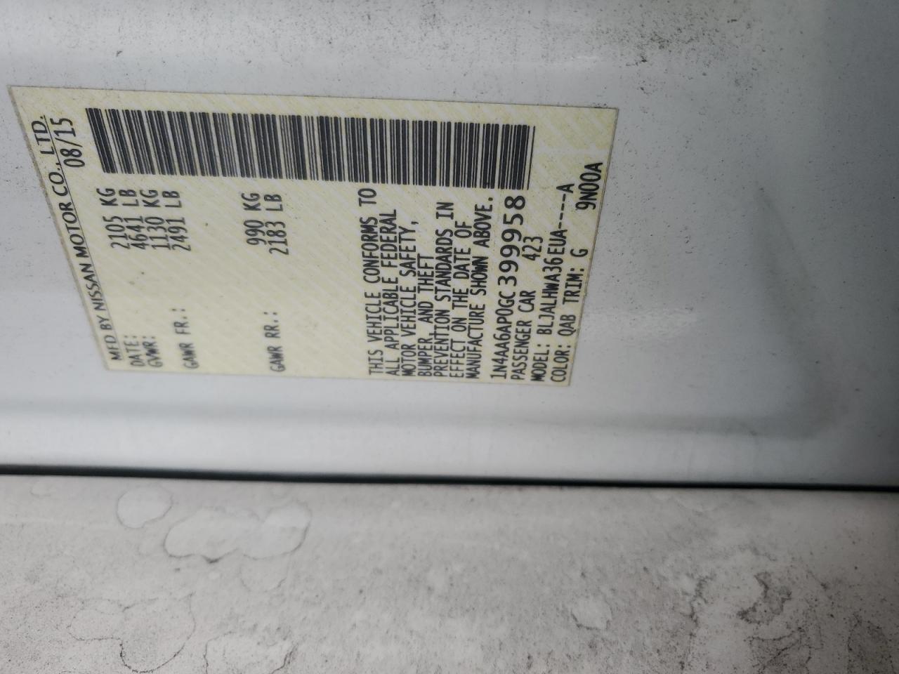 2016 Nissan Maxima 3.5S VIN: 1N4AA6AP0GC399958 Lot: 85823725