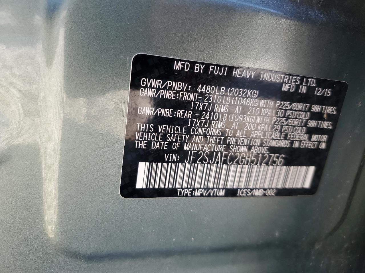 2016 Subaru Forester VIN: JF2SJAFC2GH512756 Lot: 85083005