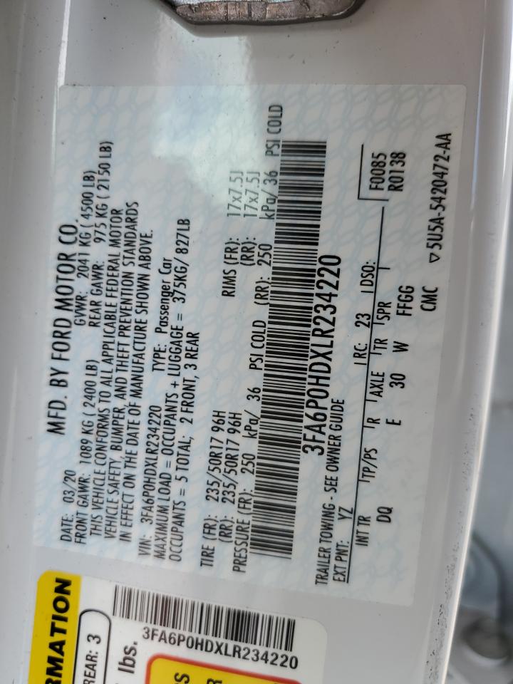 2020 Ford Fusion Se VIN: 3FA6P0HDXLR234220 Lot: 89499345