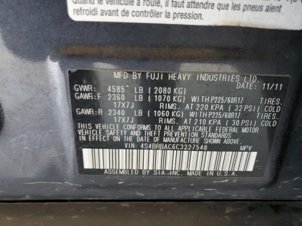 2012 Subaru Outback 2.5I VIN: 4S4BRBAC6C3227548 Lot: 84919765