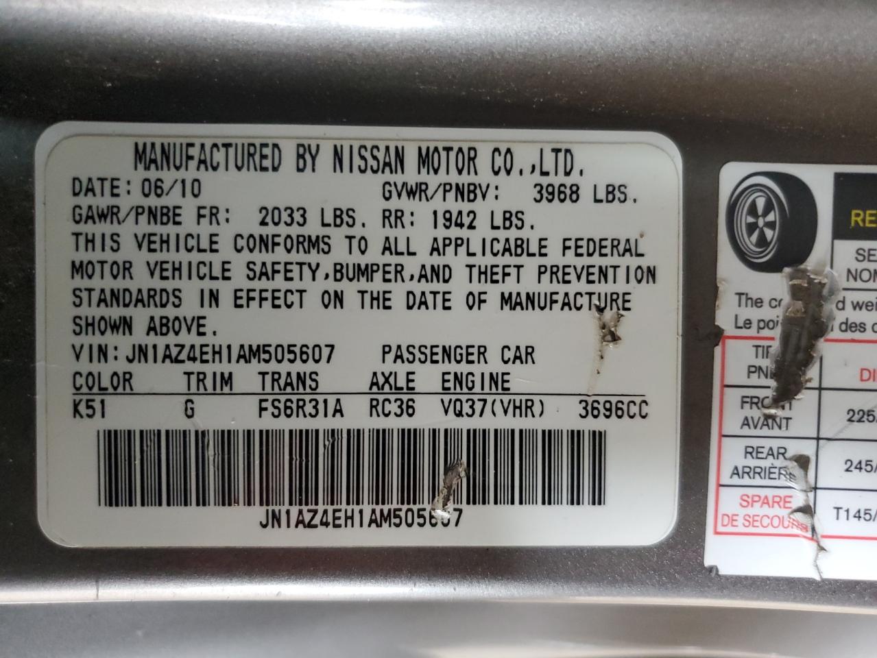 2010 Nissan 370Z VIN: JN1AZ4EH1AM505607 Lot: 86307505