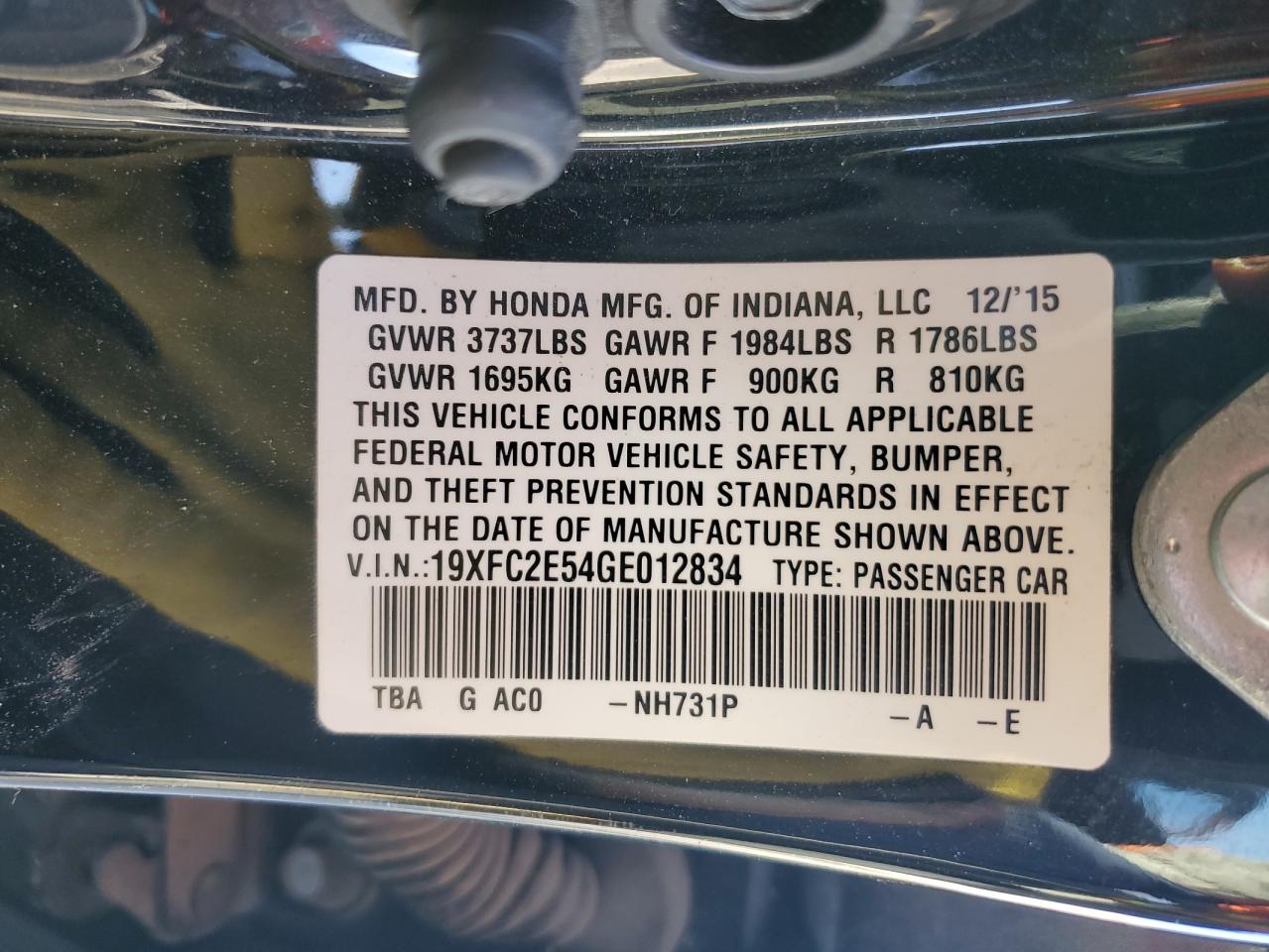 2016 Honda Civic Lx VIN: 19XFC2E54GE012834 Lot: 82319005