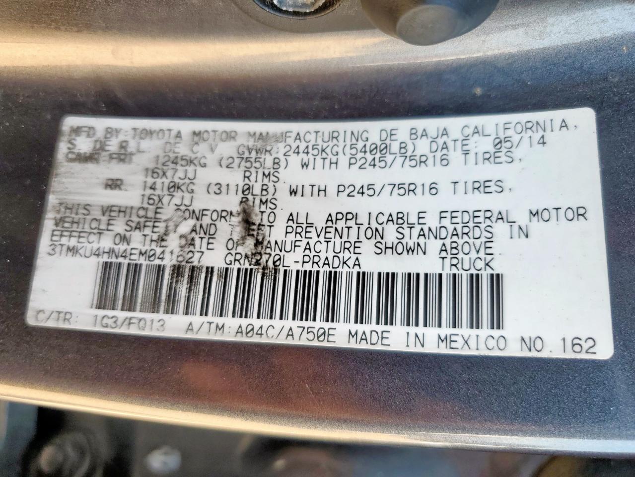 2014 Toyota Tacoma Double Cab Prerunner Long Bed VIN: 3TMKU4HN4EM041627 Lot: 84457405