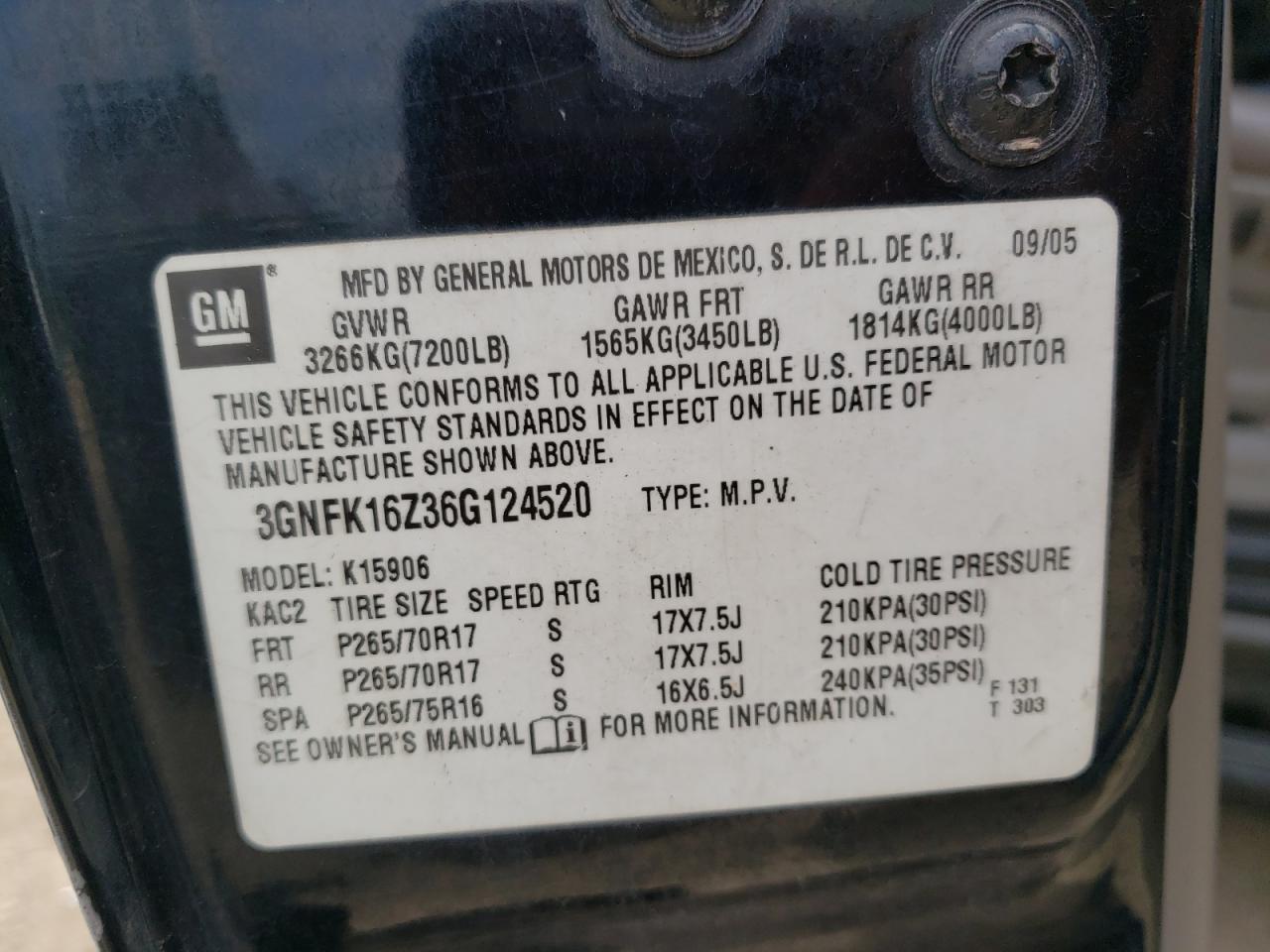 2006 Chevrolet Suburban VIN: 3GNFK16Z36G124520 Lot: 82006525