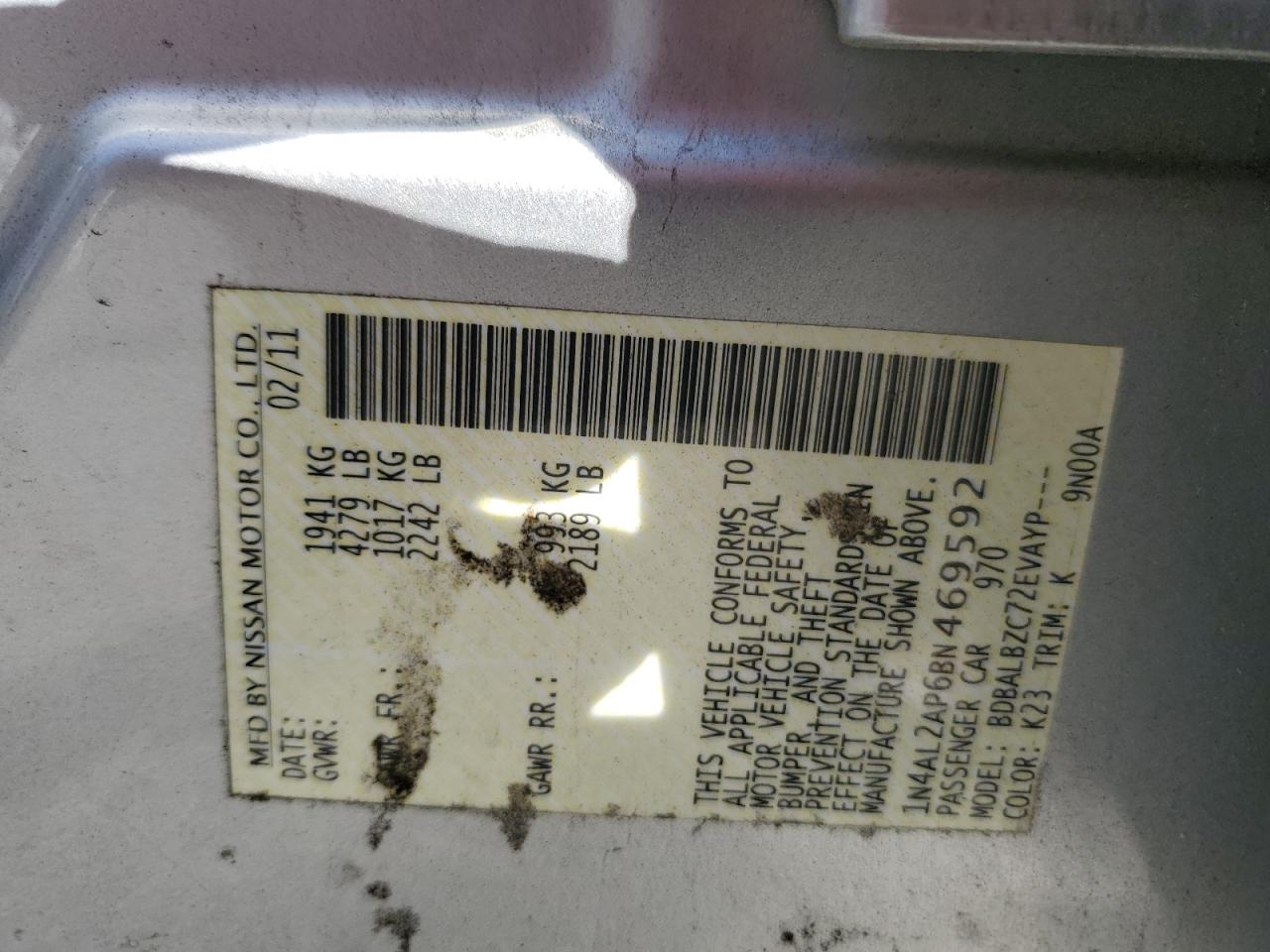 2011 Nissan Altima Base VIN: 1N4AL2AP6BN469592 Lot: 85173235