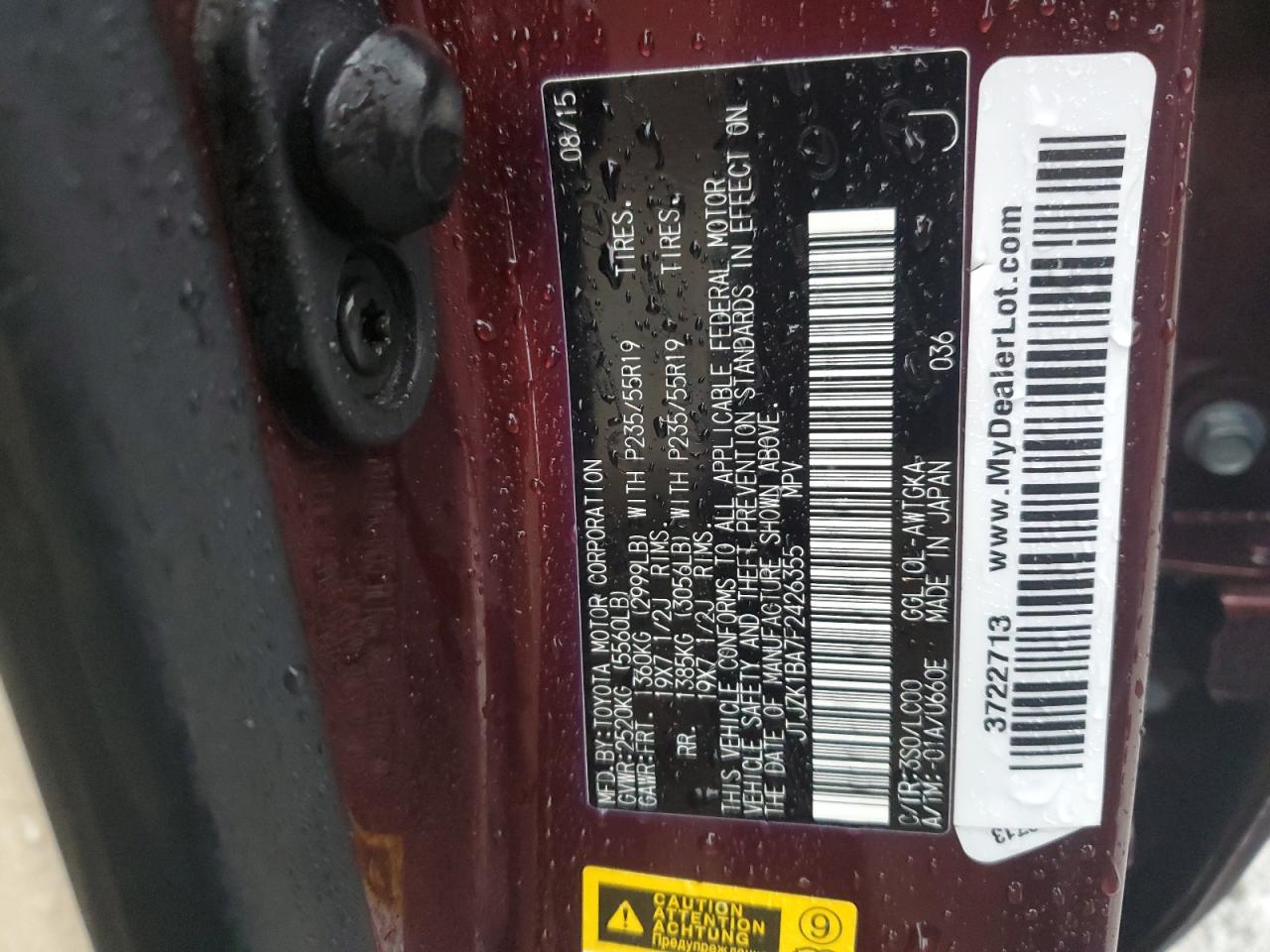 2015 Lexus Rx 350 VIN: JTJZK1BA7F2426355 Lot: 82763465