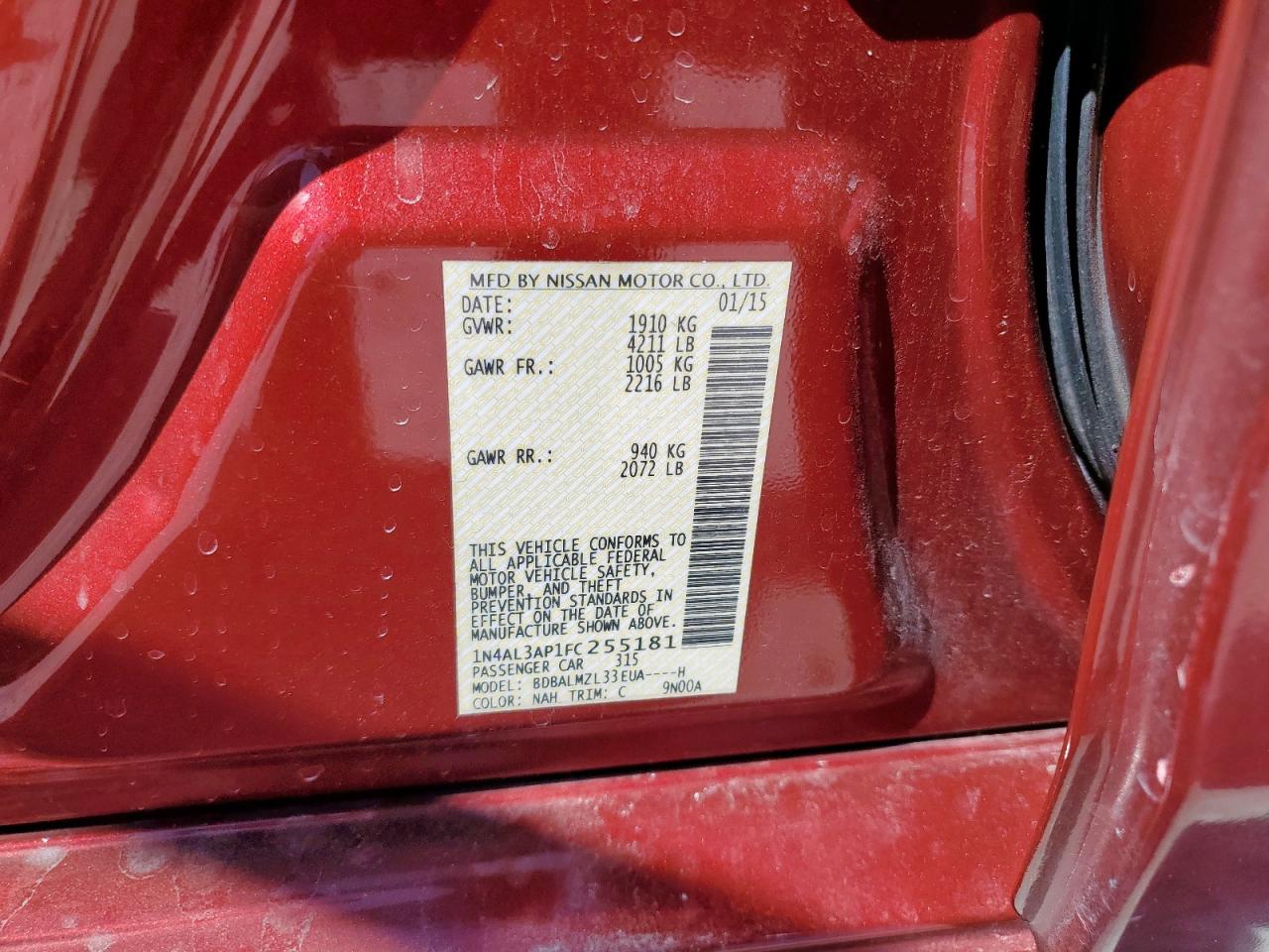 2015 Nissan Altima 2.5 VIN: 1N4AL3AP1FC255181 Lot: 86289875