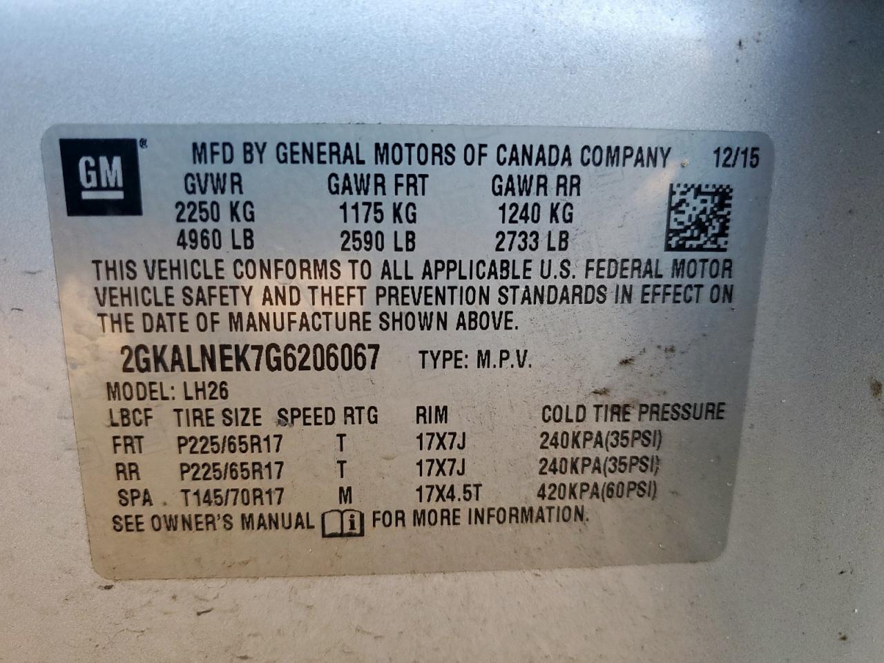 2016 GMC Terrain Sle VIN: 2GKALNEK7G6206067 Lot: 82443725