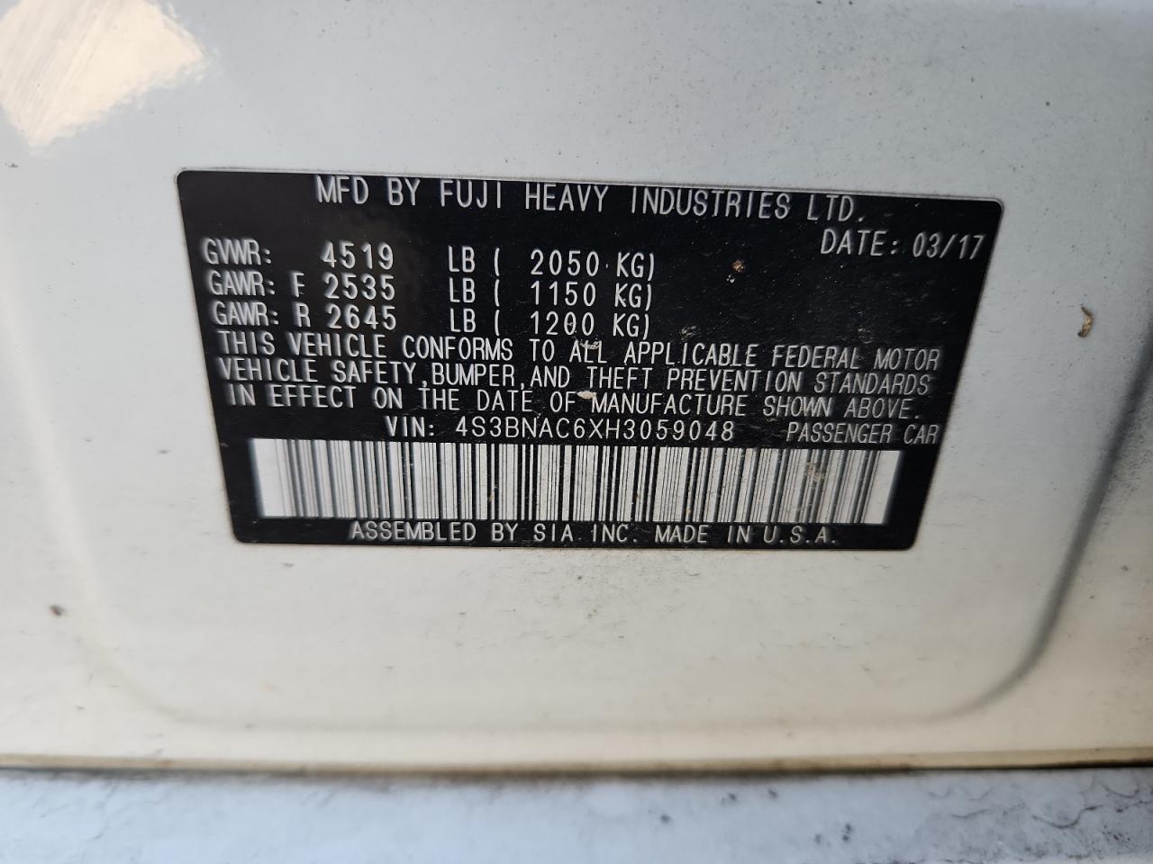 2017 Subaru Legacy 2.5I Premium VIN: 4S3BNAC6XH3059048 Lot: 86513525