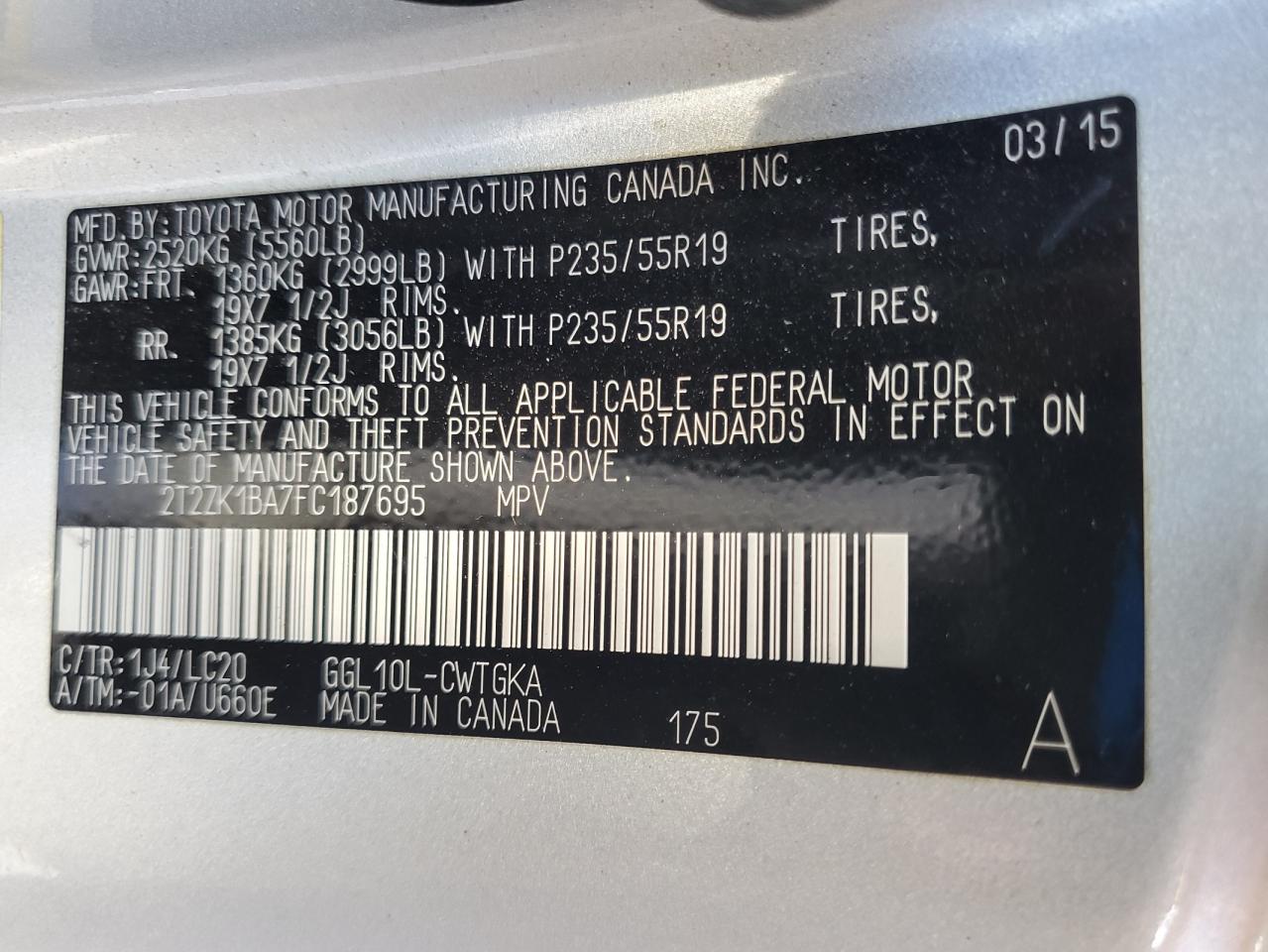 2015 Lexus Rx 350 VIN: 2T2ZK1BA7FC187695 Lot: 85426005