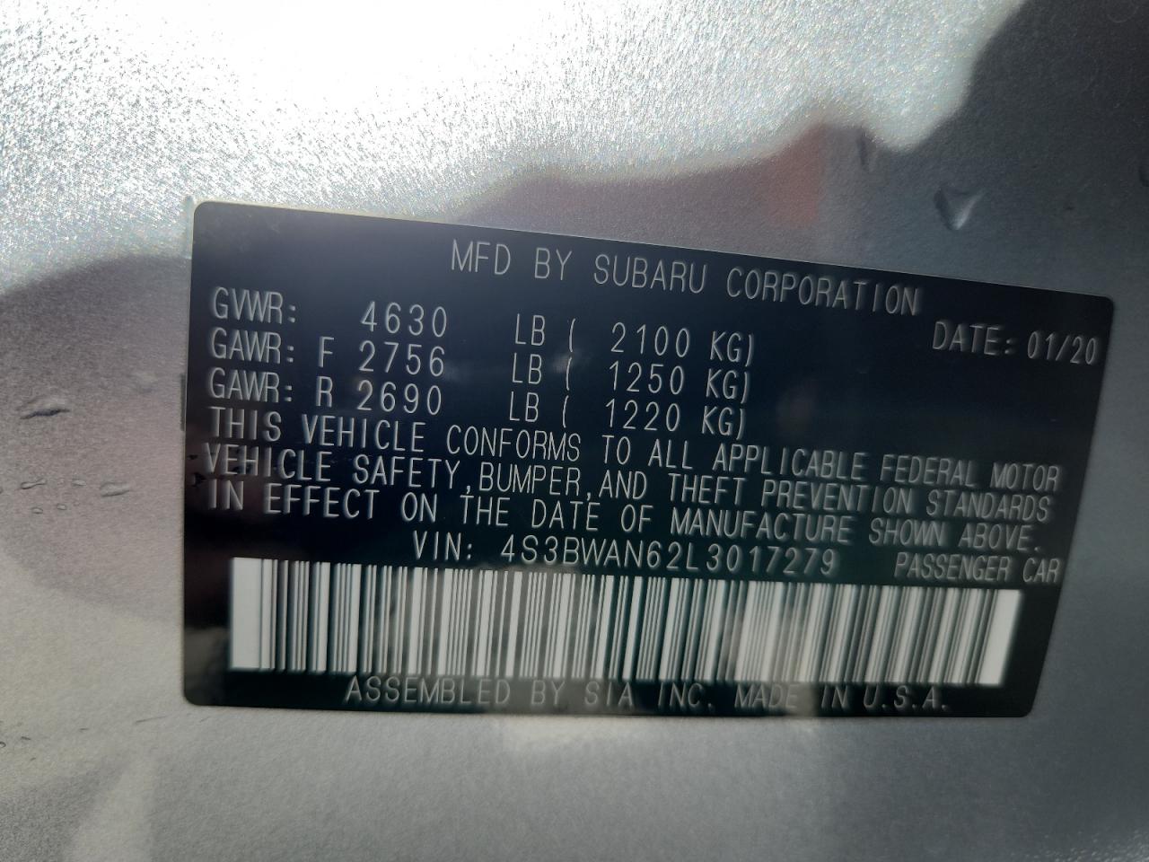 2020 Subaru Legacy Limited VIN: 4S3BWAN62L3017279 Lot: 84581525