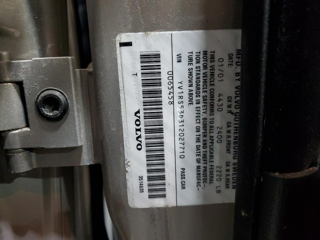 2001 Volvo S60 T5 VIN: YV1RS53D312027710 Lot: 90927035