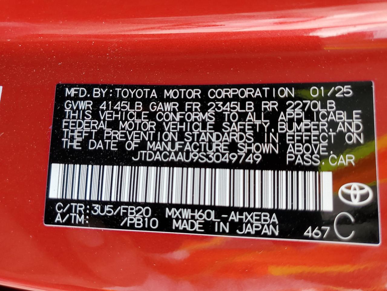 2025 Toyota Prius Le VIN: JTDACAAU9S3049749 Lot: 86265035