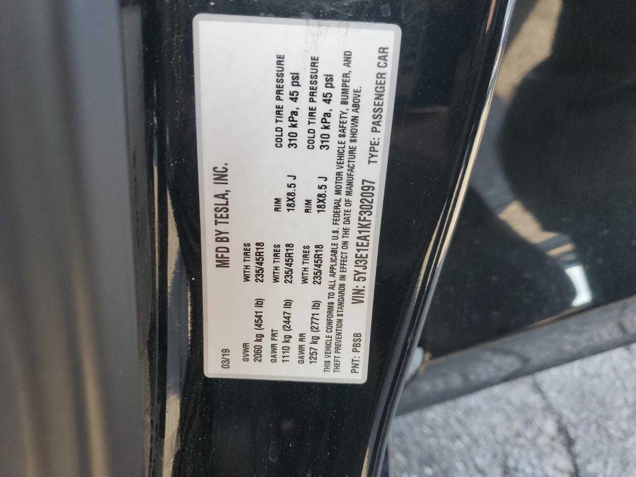 2019 Tesla Model 3 VIN: 5YJ3E1EA1KF302097 Lot: 82733715