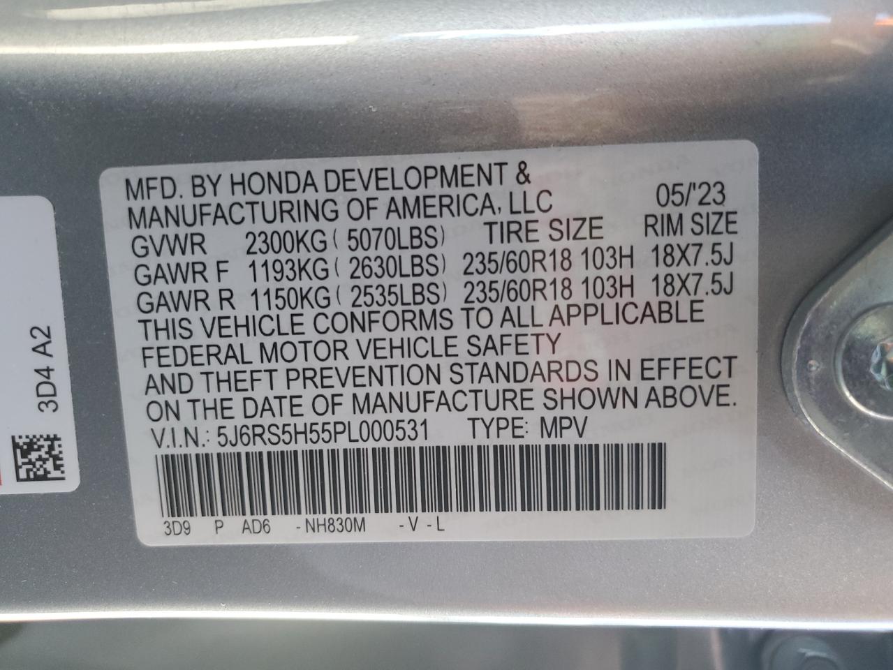 2023 Honda Cr-V Sport VIN: 5J6RS5H55PL000531 Lot: 85877005