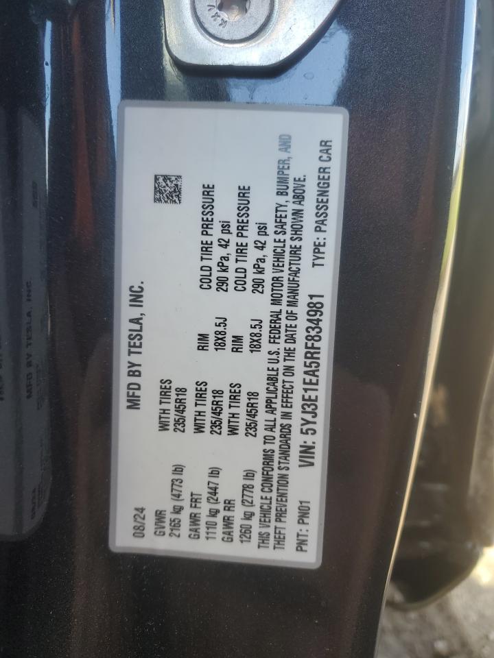 2024 Tesla Model 3 VIN: 5YJ3E1EA5RF834981 Lot: 86156575