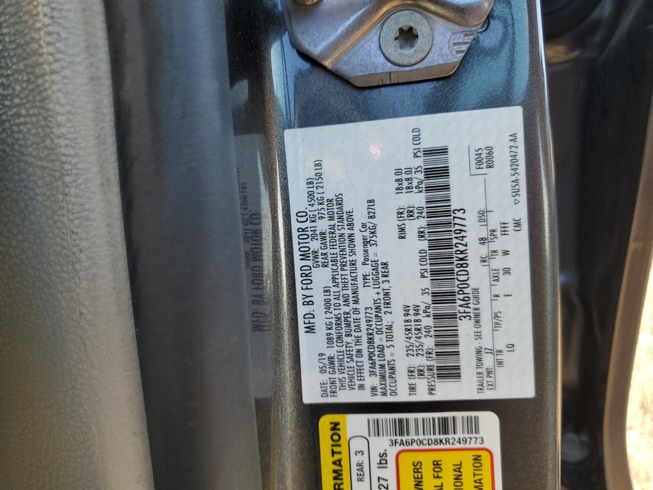 2019 Ford Fusion Sel VIN: 3FA6P0CD8KR249773 Lot: 85913615