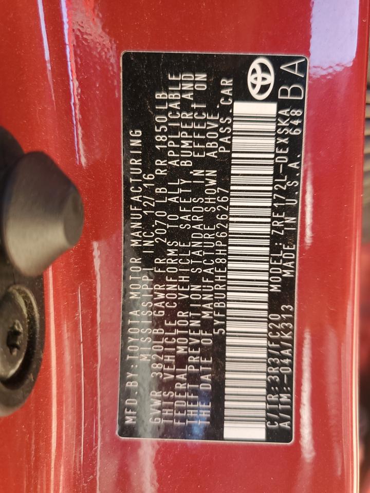 2017 Toyota Corolla L VIN: 5YFBURHE8HP626267 Lot: 82395655