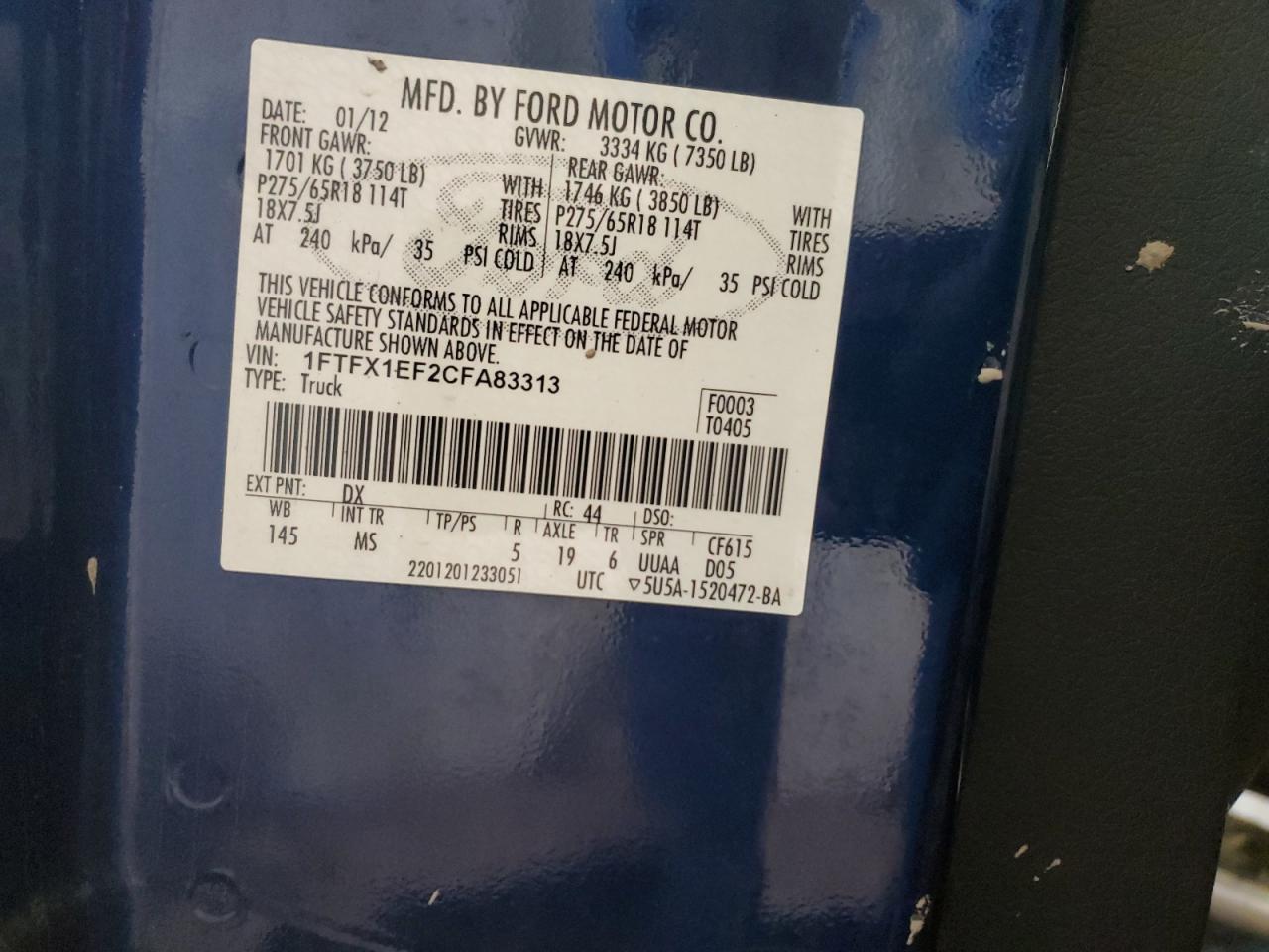 2012 Ford F150 Super Cab VIN: 1FTFX1EF2CFA83313 Lot: 97218905