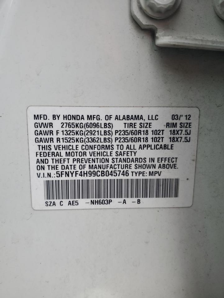 2012 Honda Pilot Touring VIN: 5FNYF4H99CB045746 Lot: 82314425