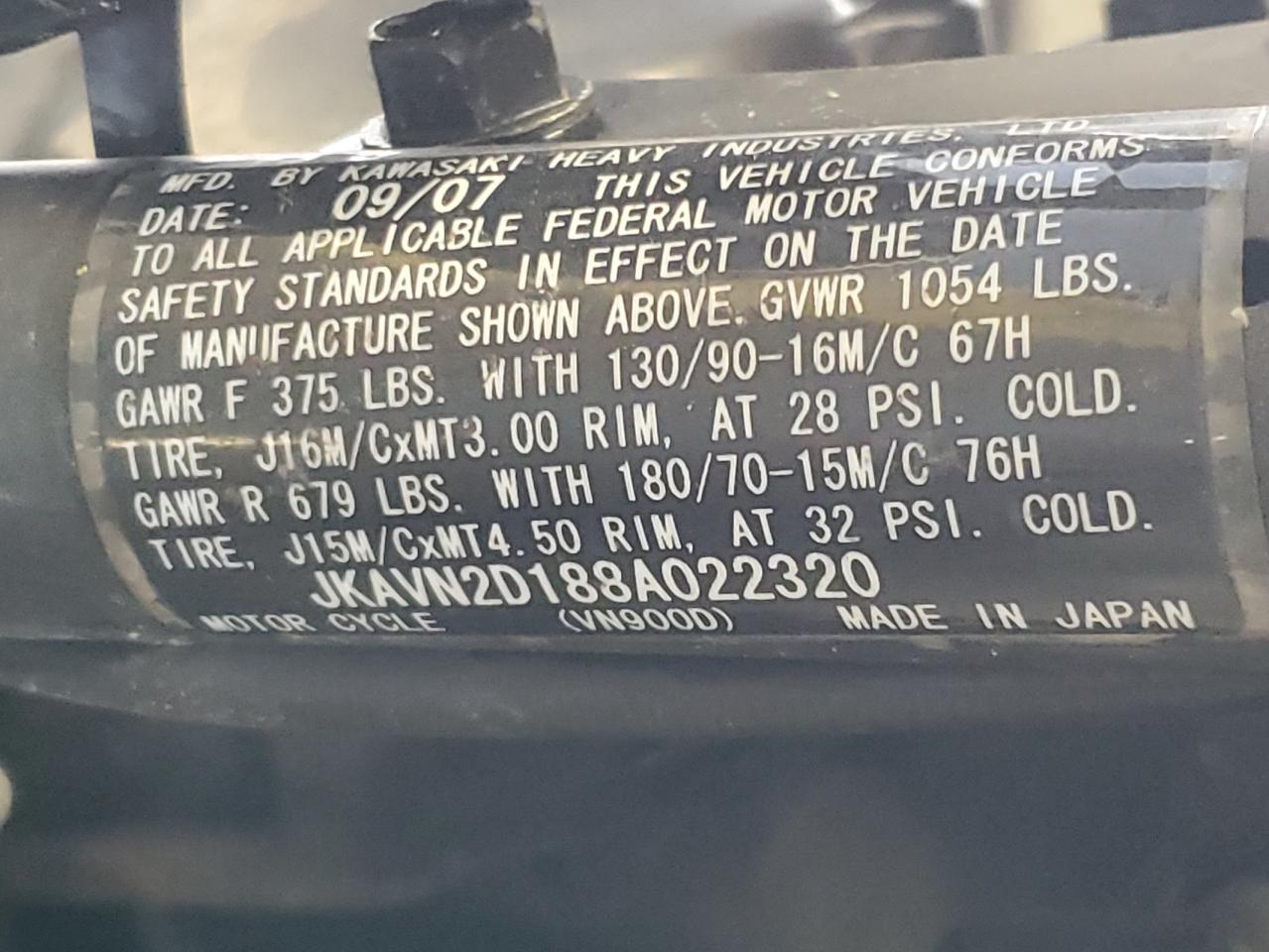 2008 Kawasaki Vn900 D VIN: JKAVN2D188A022320 Lot: 82418355