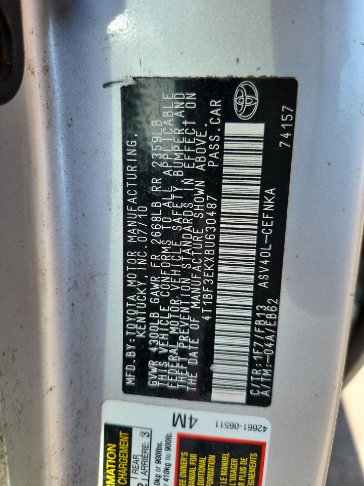 2011 Toyota Camry Base VIN: 4T1BF3EKXBU630487 Lot: 84523115